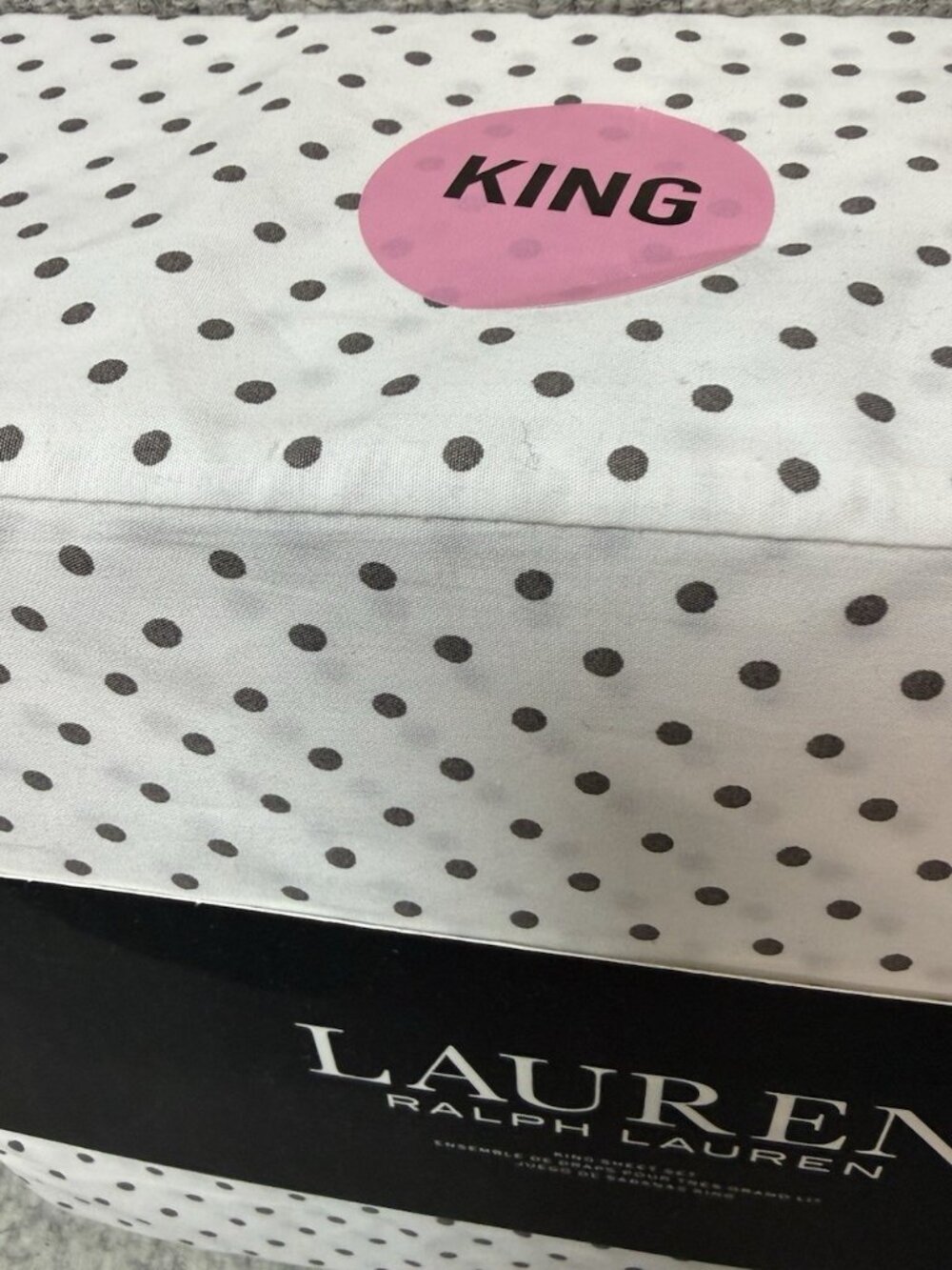 Ralph Lauren King Size Gray Polka Dot 100% Cotton Sheet Set (white background)